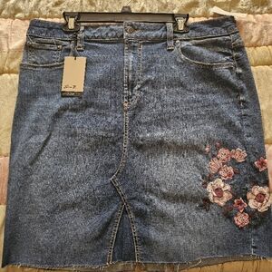Seven7 Blue Denim Skirt with Pink Floral Embellishment